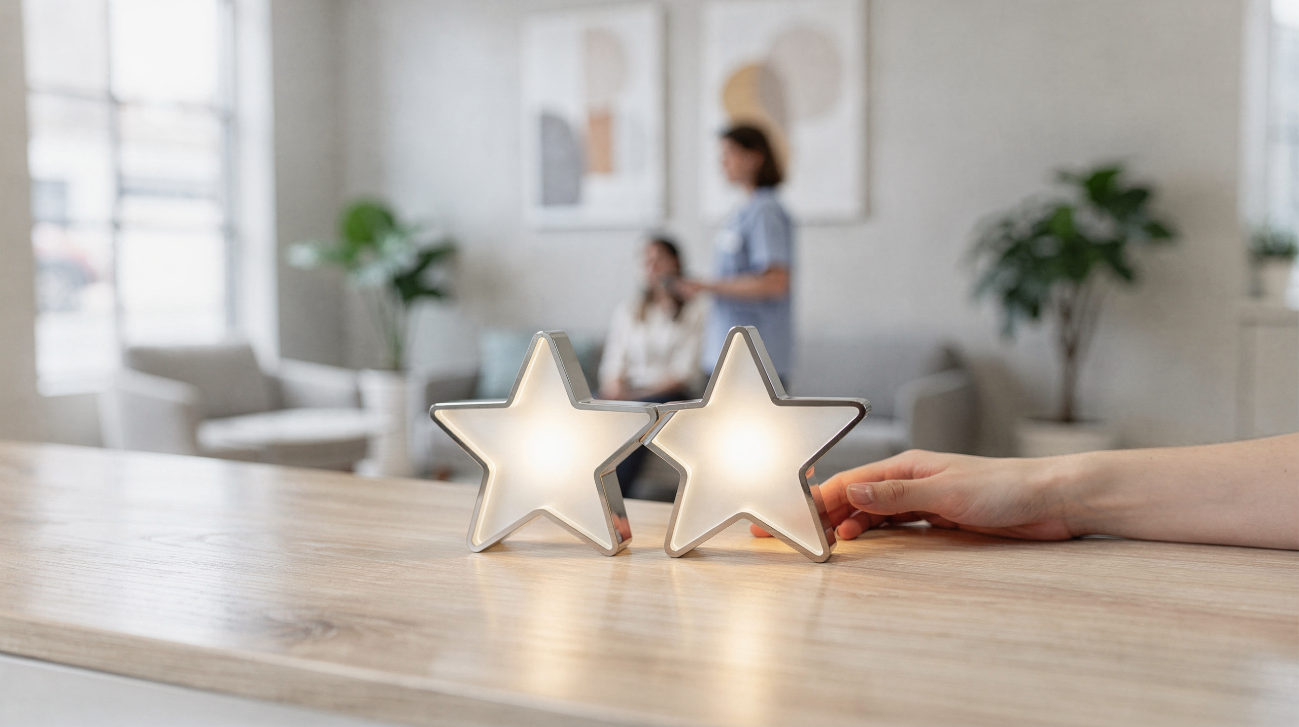 Hand placing two illuminated star shapes on a desk with a healthcare provider and patient conversing in a bright medical office